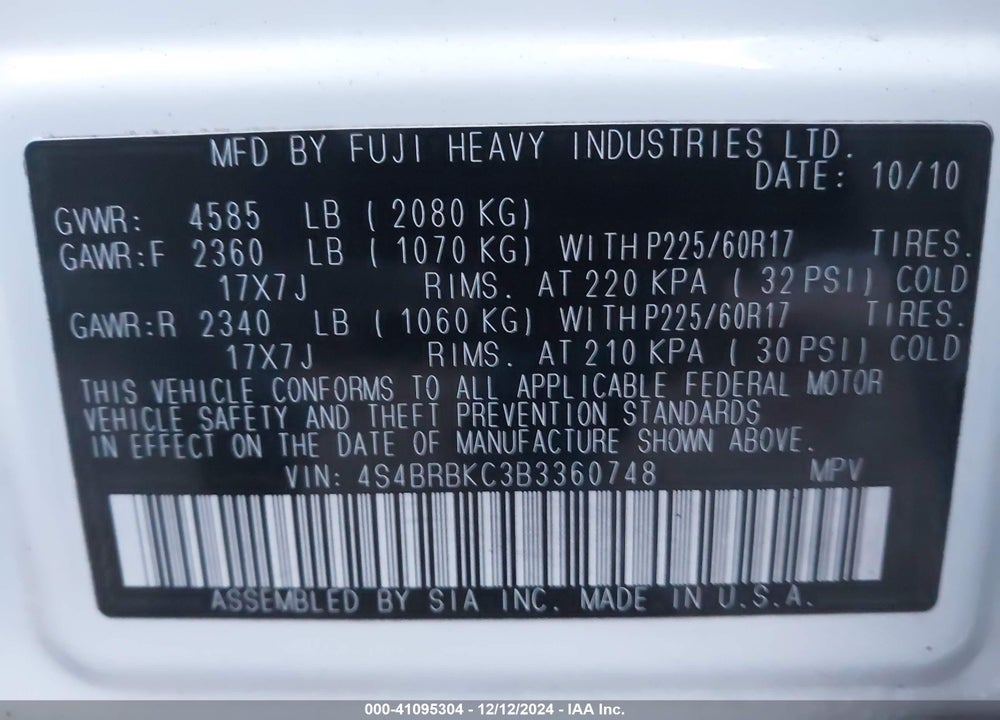 2011 SUBARU OUTBACK 2.5I LIMITED VIN: 4S4BRBKC3B3360748
