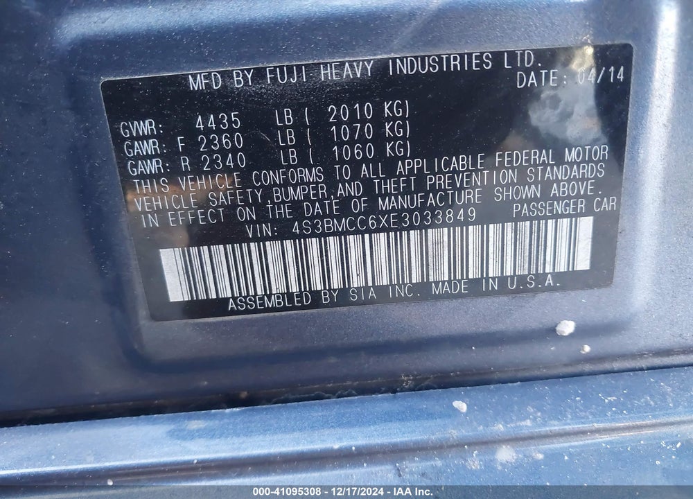 2014 SUBARU LEGACY 2.5I PREMIUM VIN: 4S3BMCC6XE3033849