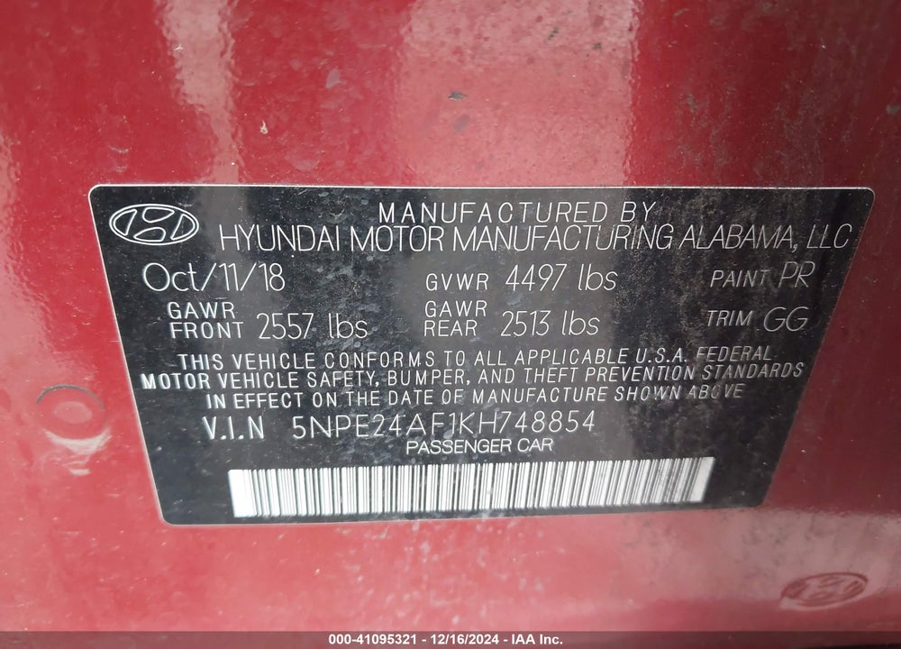 2019 HYUNDAI SONATA VIN: 5NPE24AF1KH748854