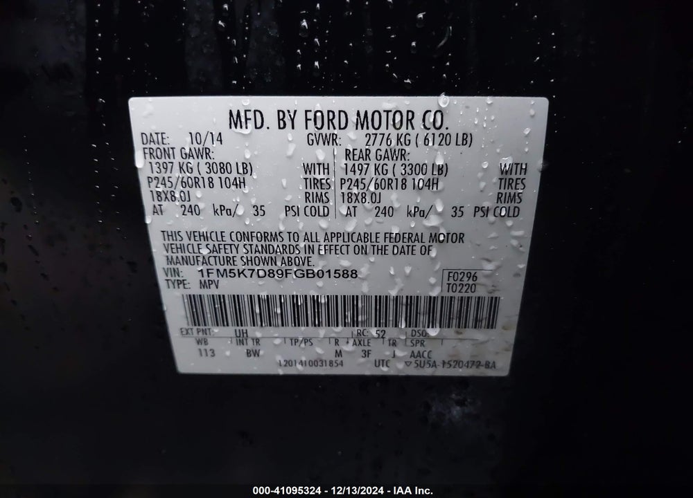 2015 FORD EXPLORER XLT VIN: 1FM5K7D89FGB01588