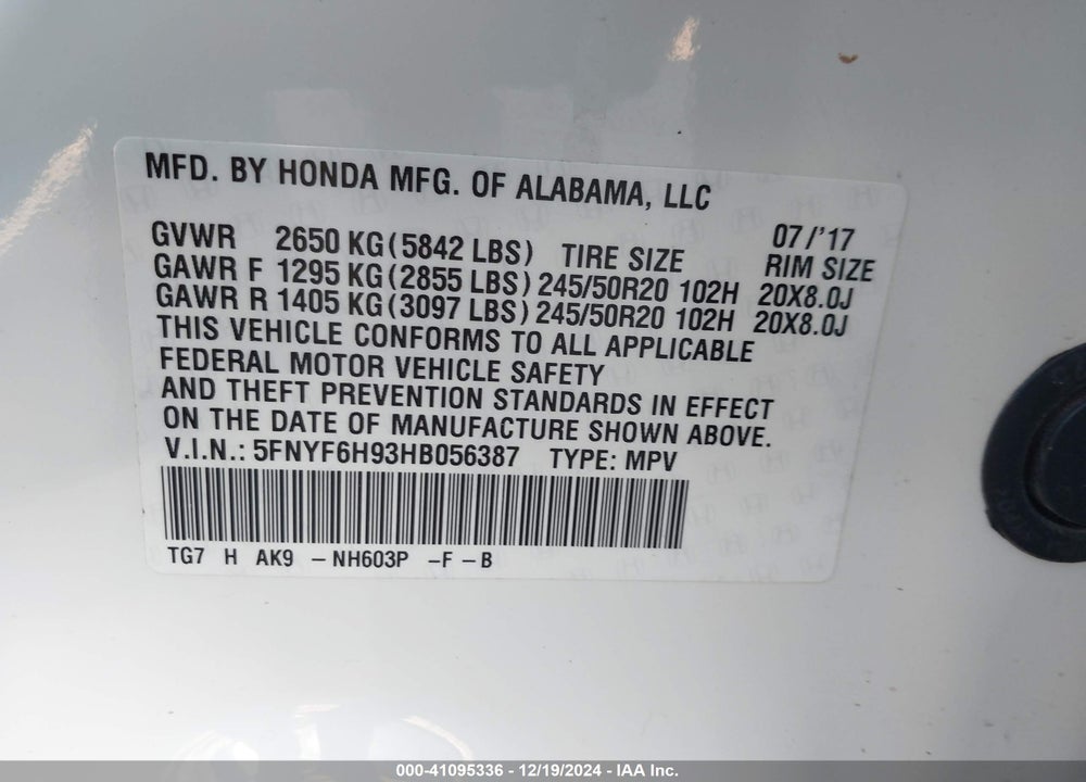 2017 HONDA PILOT TOURING VIN: 5FNYF6H93HB056387