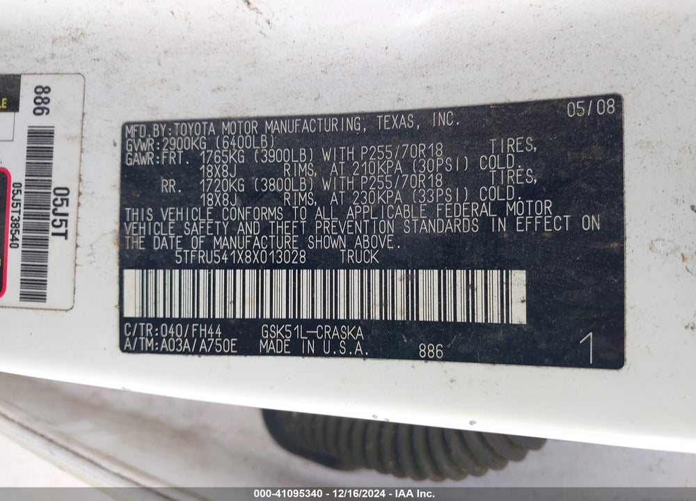 2008 TOYOTA TUNDRA BASE V6 VIN: 5TFRU541X8X013028