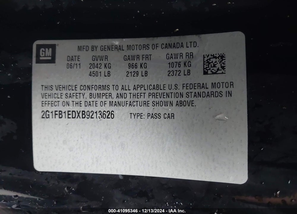 2011 CHEVROLET CAMARO 1LT VIN: 2G1FB1EDXB9213626