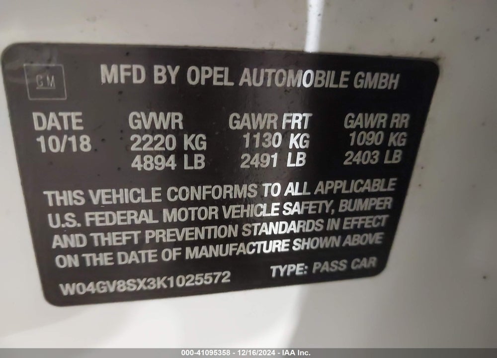 2019 BUICK REGAL TOURX VIN: W04GV8SX3K1025572