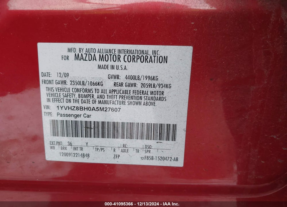 2010 MAZDA 6 VIN: 1YVHZ8BH0A5M27607