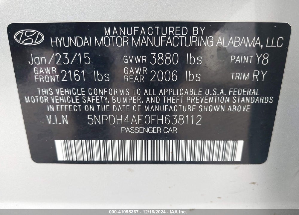 2015 HYUNDAI ELANTRA SE VIN: 5NPDH4AE0FH638112