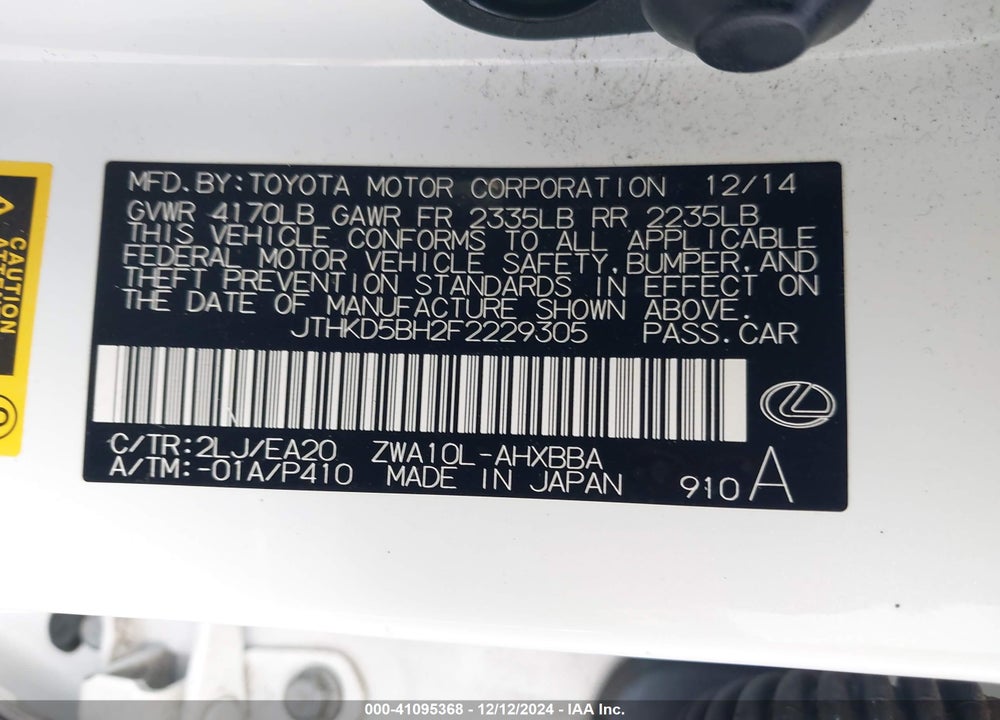 2015 LEXUS CT 200H VIN: JTHKD5BH2F2229305