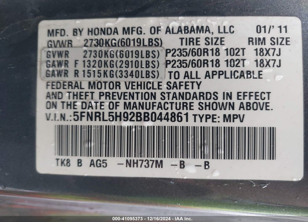 2011 HONDA ODYSSEY TOURING/TOURING ELITE VIN: 5FNRL5H92BB044861