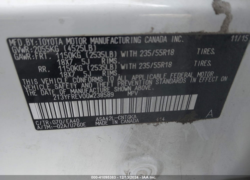 2016 TOYOTA RAV4 LIMITED VIN: 2T3YFREV0GW238589