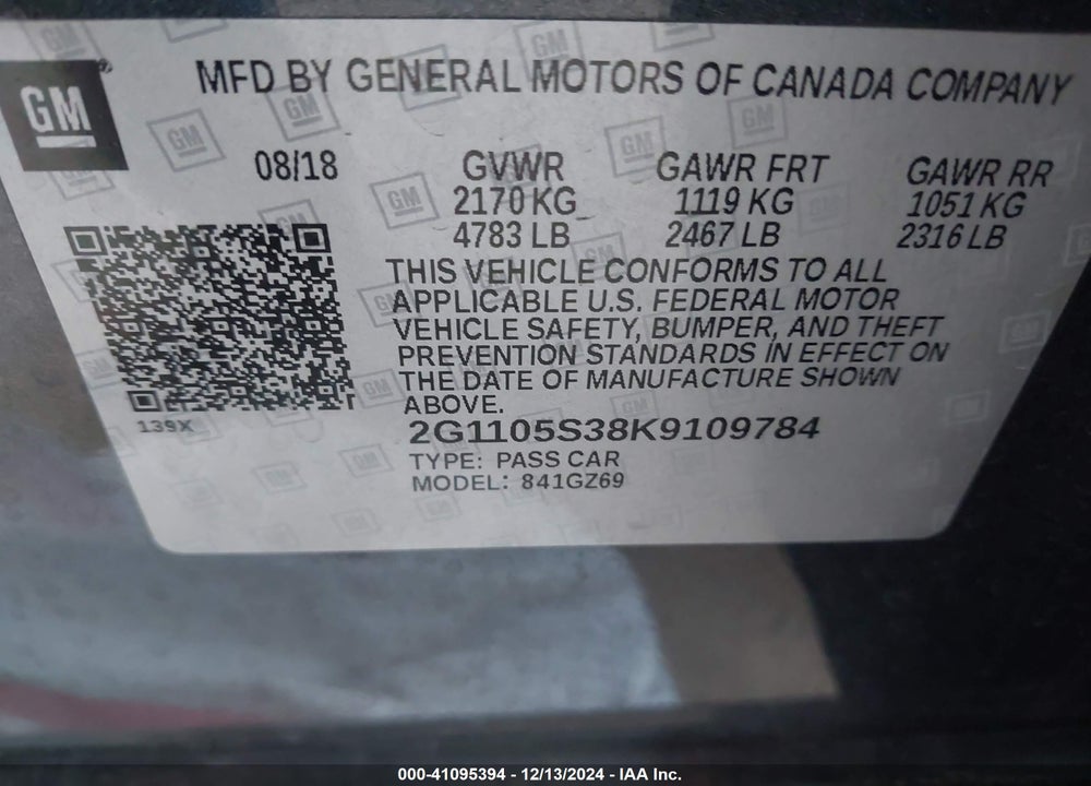 2019 CHEVROLET IMPALA VIN: 2G1105S38K9109784