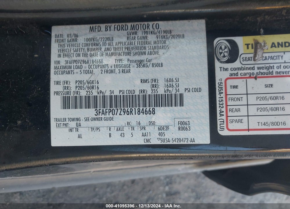 2006 FORD FUSION SE VIN: 3FAFP07Z96R184668