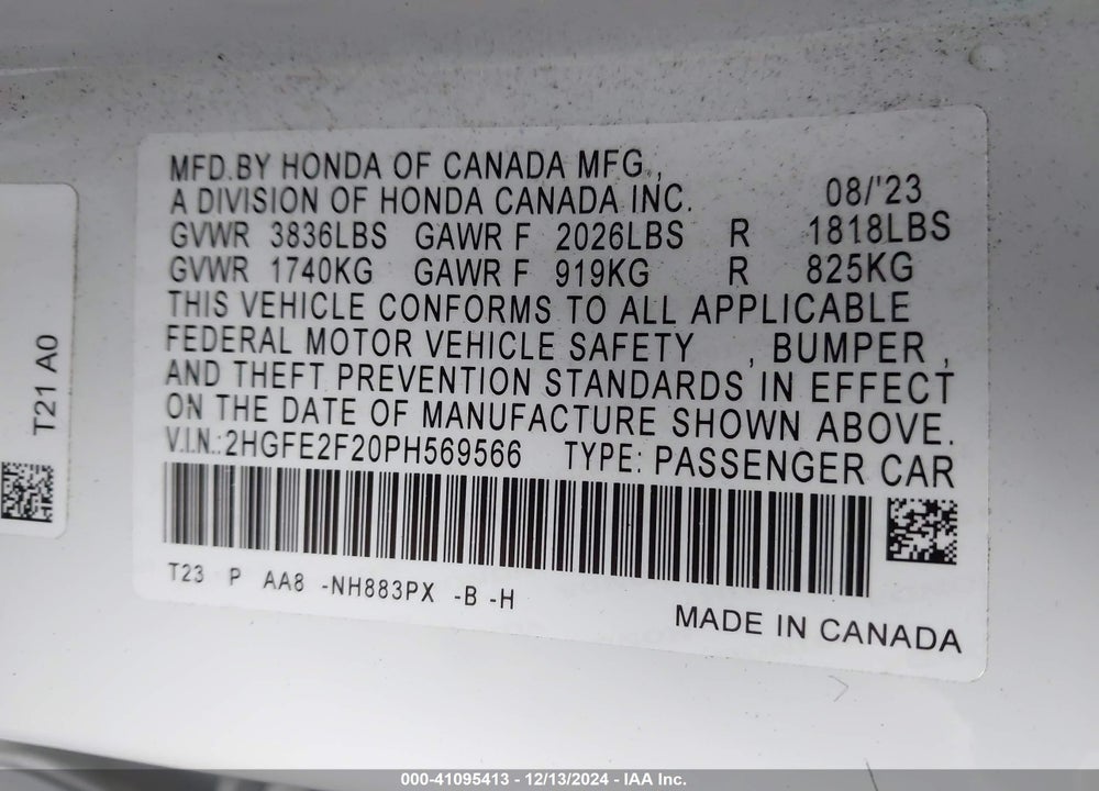 2023 HONDA CIVIC LX VIN: 2HGFE2F20PH569566