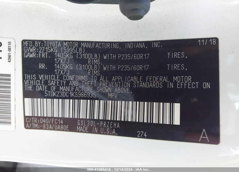 2019 TOYOTA SIENNA LE 8 PASSENGER VIN: 5TDKZ3DC1KS986935
