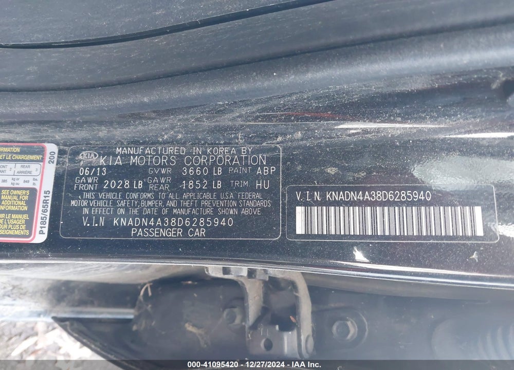 2013 KIA RIO VIN: KNADN4A38D6285940