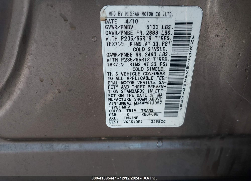 2010 NISSAN MURANO S VIN: JN8AZ1MU4AW013057