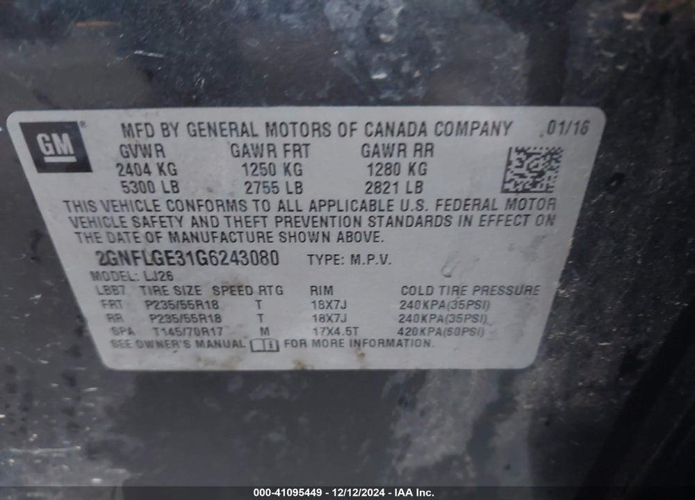 2016 CHEVROLET EQUINOX LTZ VIN: 2GNFLGE31G6243080