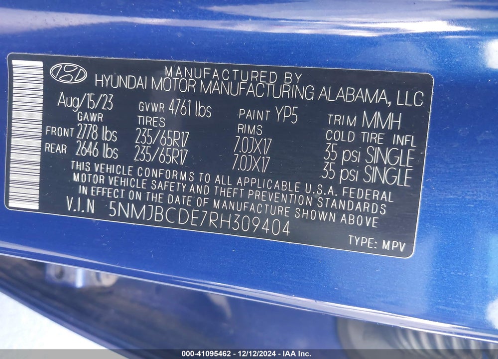2024 HYUNDAI TUCSON VIN: 5NMJBCDE7RH309404