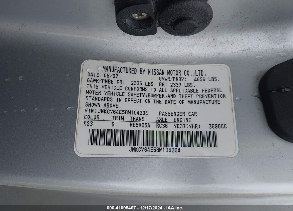 2008 INFINITI G37 JOURNEY VIN: JNKCV64E58M104204