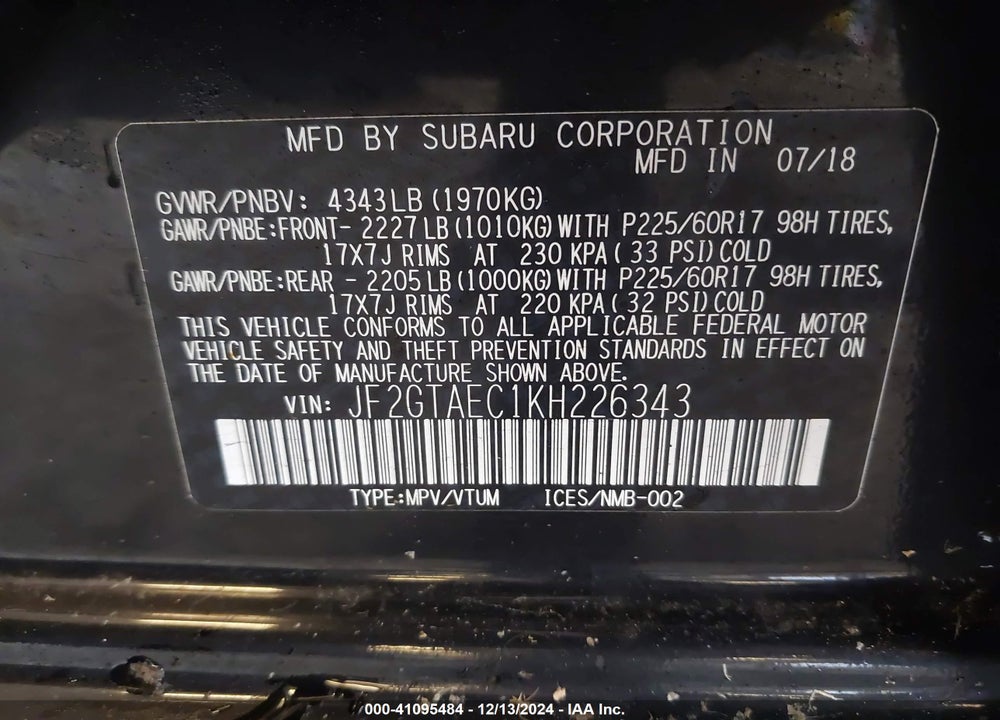 2019 SUBARU CROSSTREK 2.0I PREMIUM VIN: JF2GTAEC1KH226343