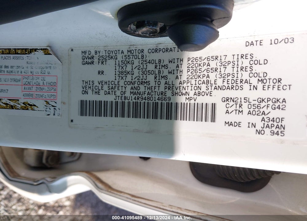 2004 TOYOTA 4RUNNER SR5 V6 VIN: JTEBU14R948014669
