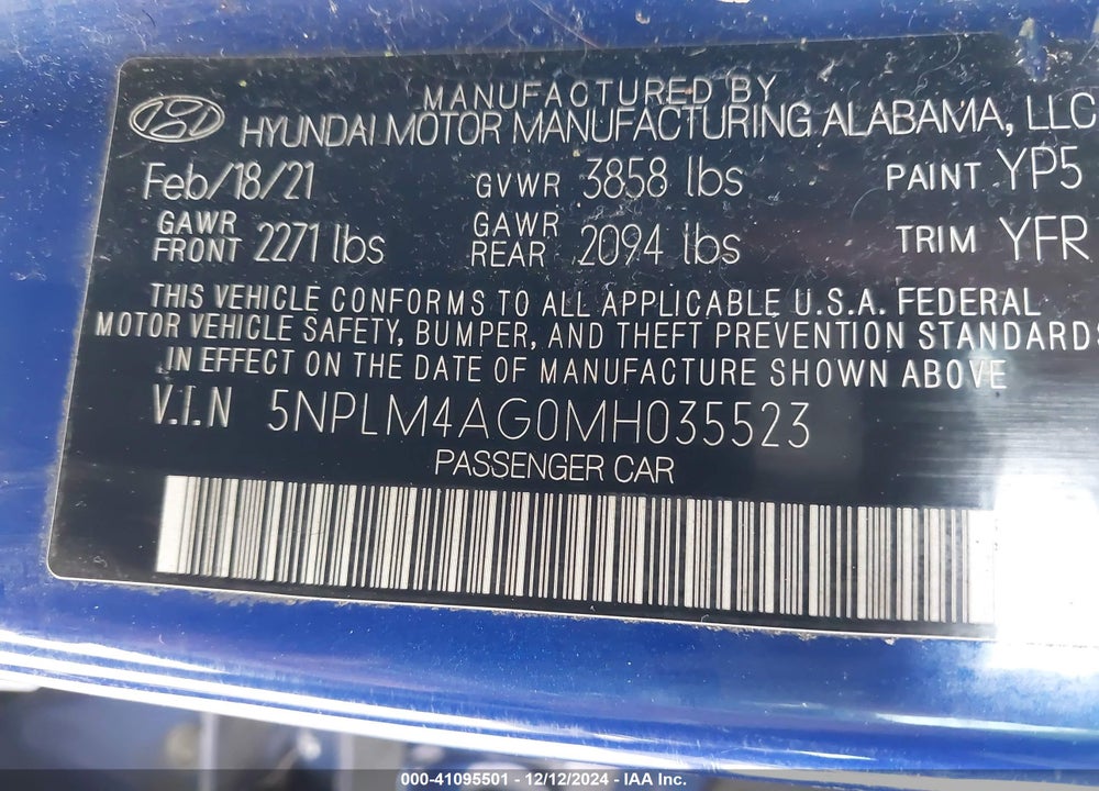 2021 HYUNDAI ELANTRA SEL VIN: 5NPLM4AG0MH035523