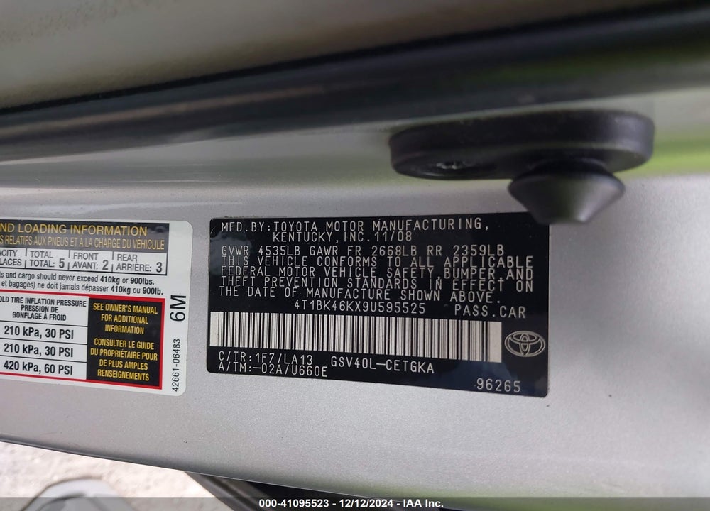 2009 TOYOTA CAMRY XLE V6 VIN: 4T1BK46KX9U595525