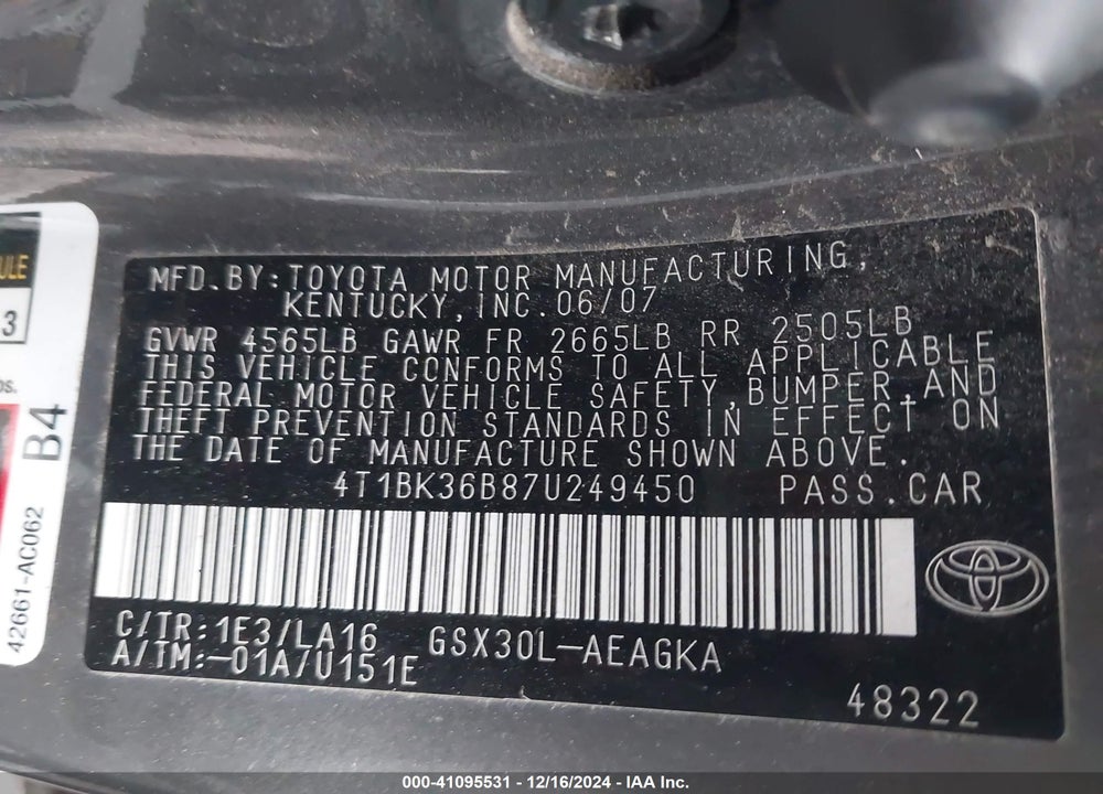 2007 TOYOTA AVALON XLS VIN: 4T1BK36B87U249450
