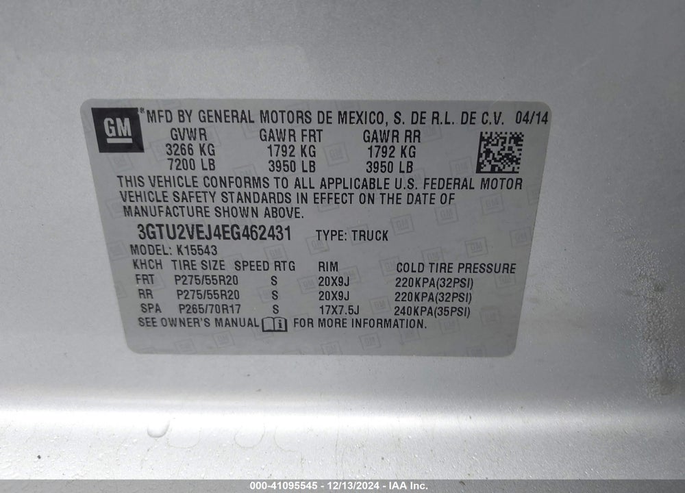 2014 GMC SIERRA 1500 SLT VIN: 3GTU2VEJ4EG462431