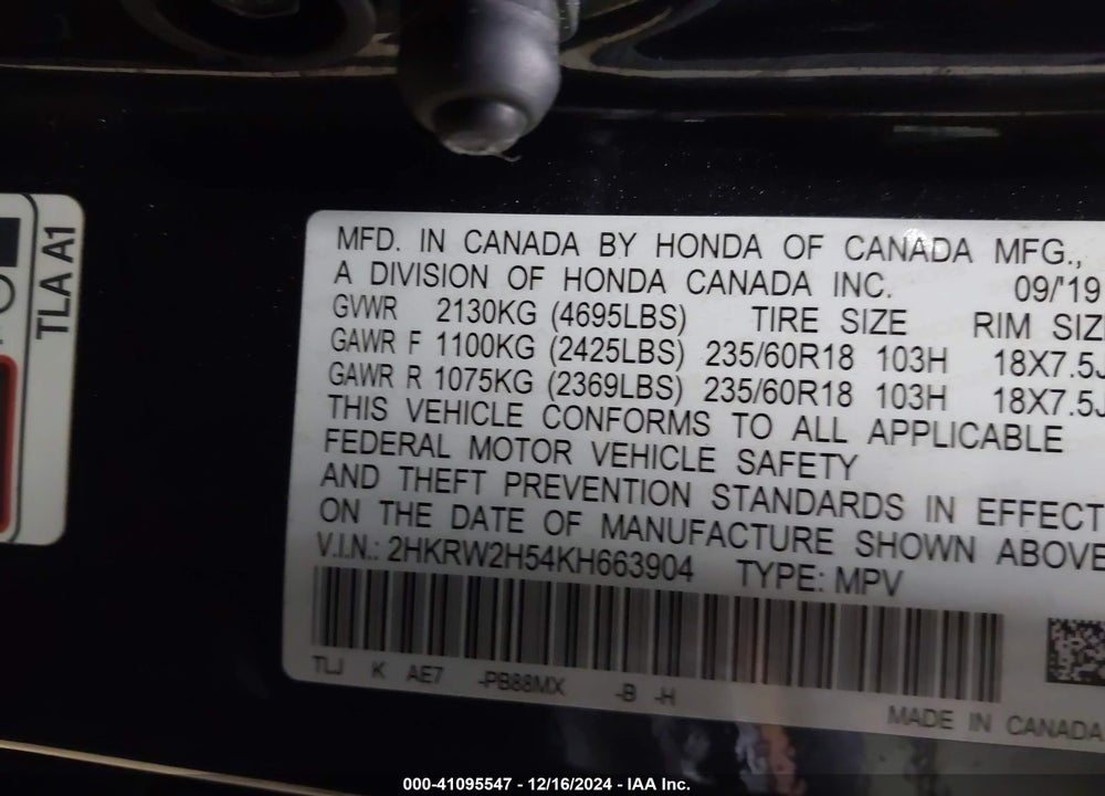 2019 HONDA CR-V EX VIN: 2HKRW2H54KH663904