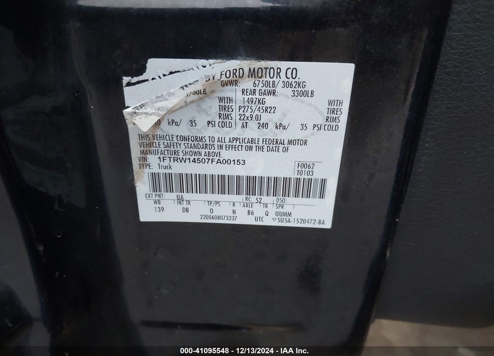 2007 FORD F-150 LARIAT VIN: 1FTRW14507FA00153