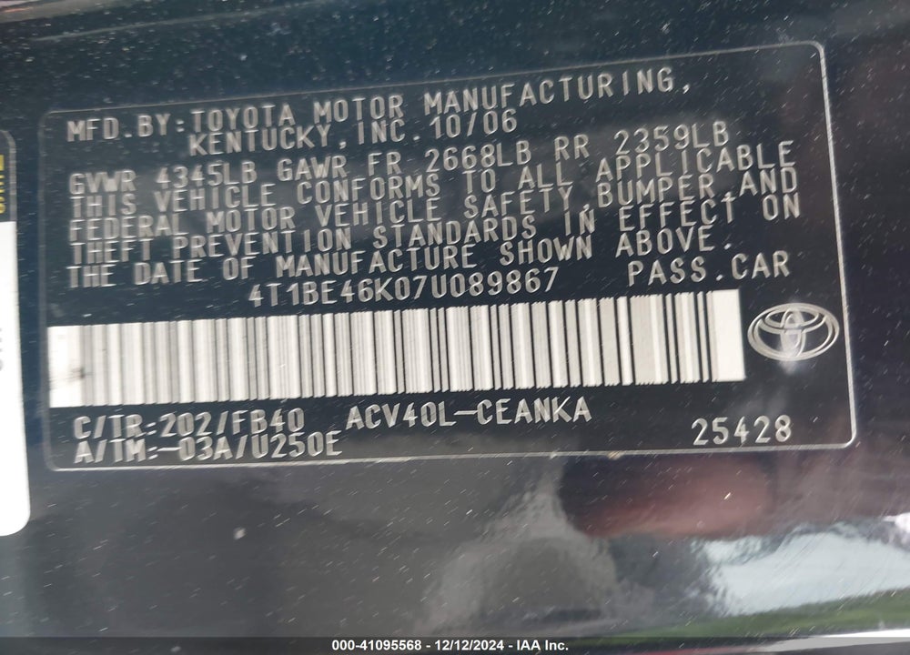 2007 TOYOTA CAMRY VIN: 4T1BE46K07U089867
