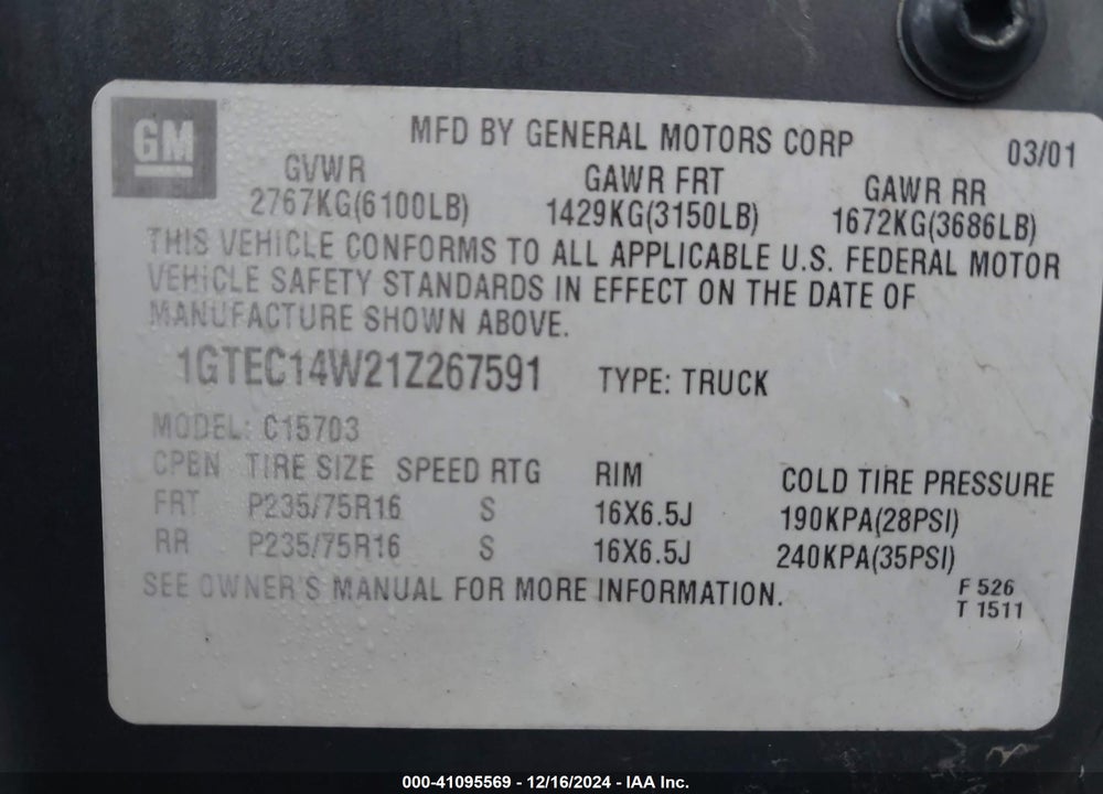 2001 GMC SIERRA 1500 SL VIN: 1GTEC14W21Z267591