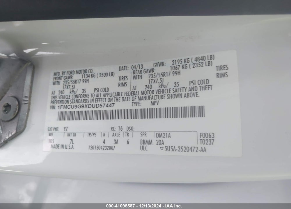 2013 FORD ESCAPE SE VIN: 1FMCU9G9XDUD57447