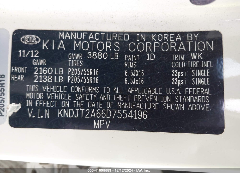 2013 KIA SOUL VIN: KNDJT2A66D7554196