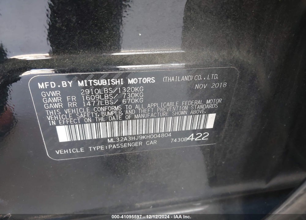 2019 MITSUBISHI MIRAGE ES VIN: ML32A3HJ9KH004804