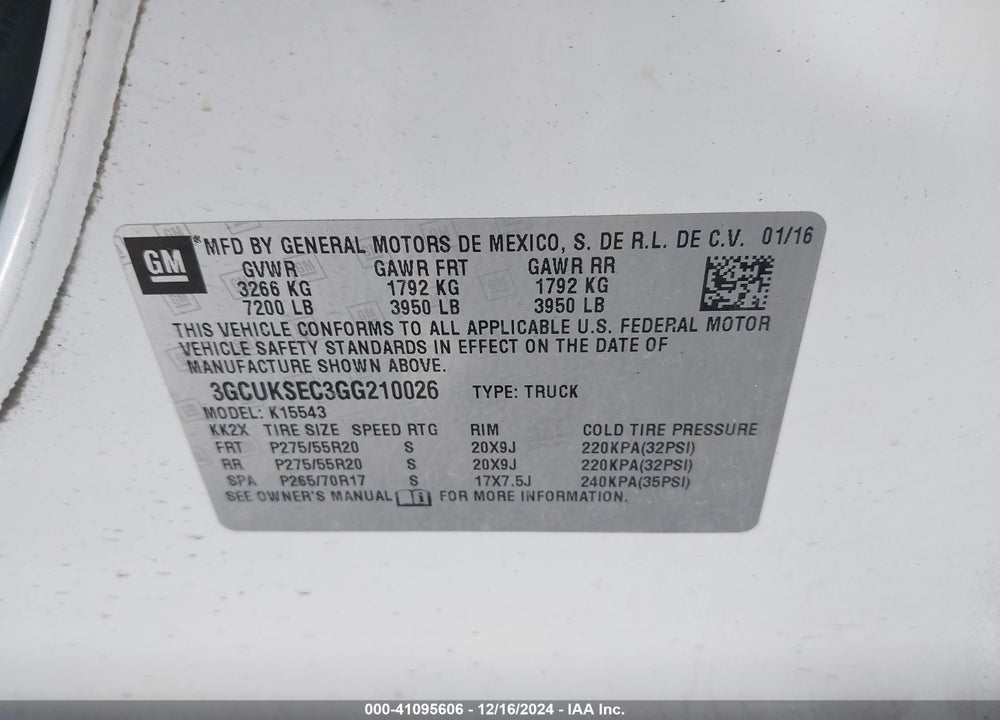 2016 CHEVROLET SILVERADO 1500 VIN: 3GCUKSEC3GG210026