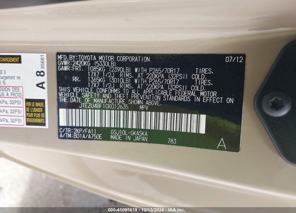 2012 TOYOTA FJ CRUISER VIN: JTEZU4BF1CK012635