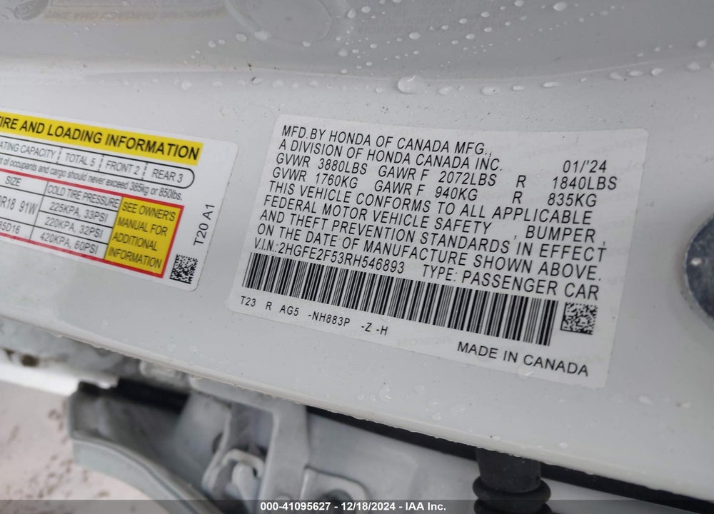 2024 HONDA CIVIC VIN: 2HGFE2F53RH546893