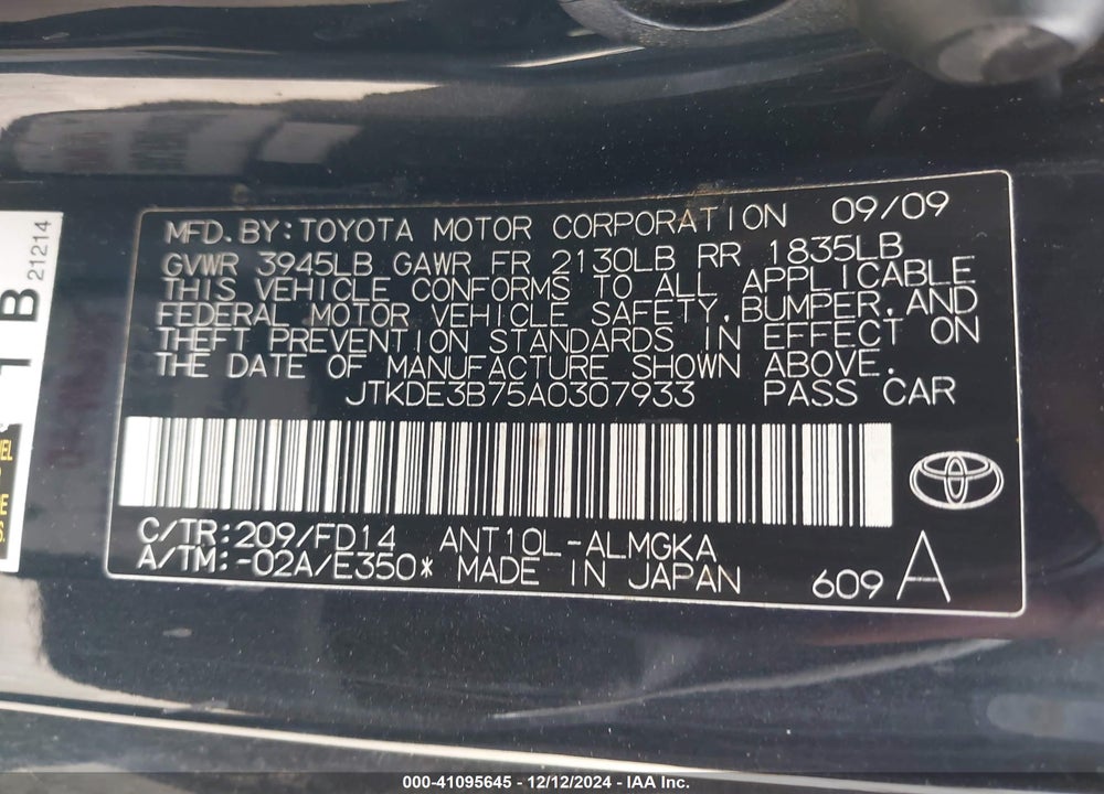 2010 SCION TC VIN: JTKDE3B75A0307933