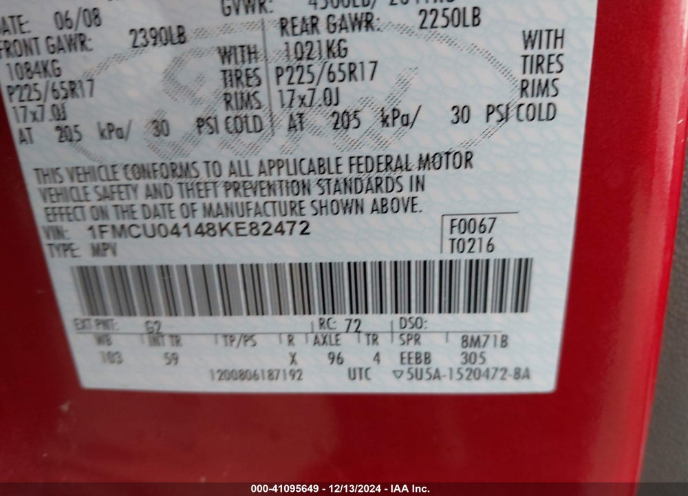 2008 FORD ESCAPE LIMITED VIN: 1FMCU04148KE82472