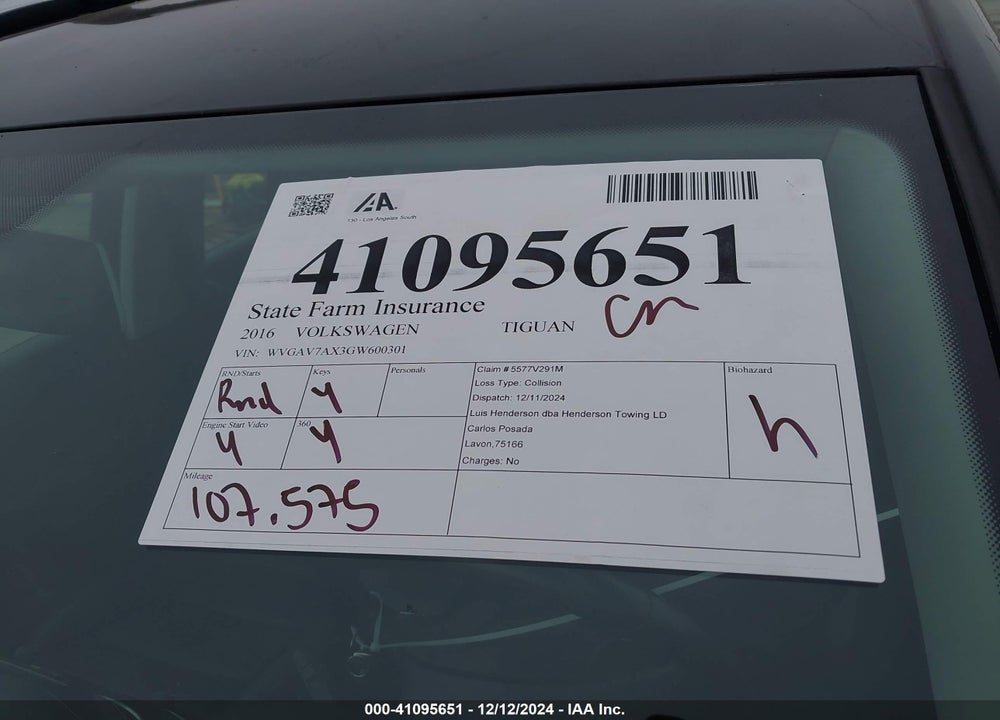 2016 VOLKSWAGEN TIGUAN S VIN: WVGAV7AX3GW600301