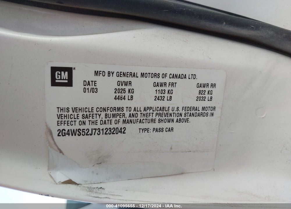 2003 BUICK CENTURY CUSTOM VIN: 2G4WS52J731232042