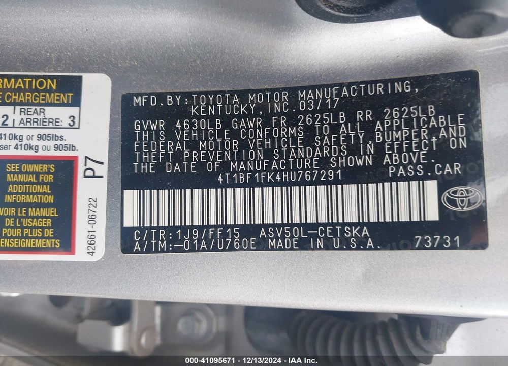 2017 TOYOTA CAMRY SE VIN: 4T1BF1FK4HU767291