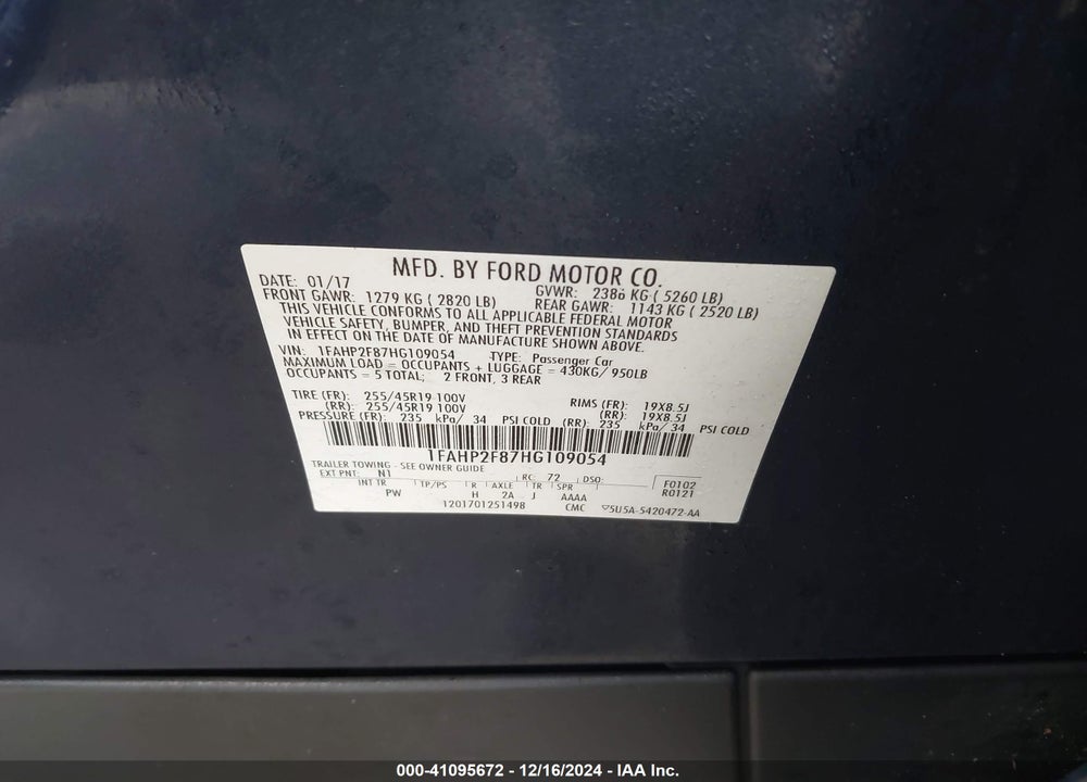2017 FORD TAURUS LIMITED VIN: 1FAHP2F87HG109054