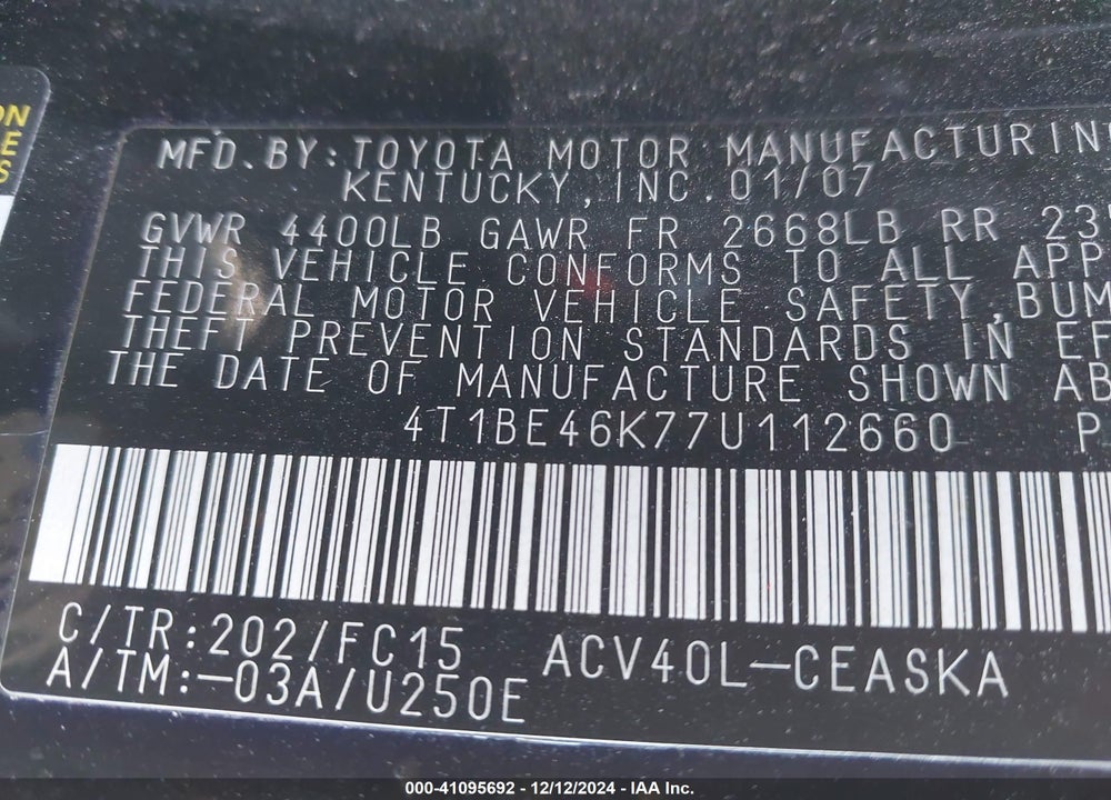 2007 TOYOTA CAMRY SE VIN: 4T1BE46K77U112660
