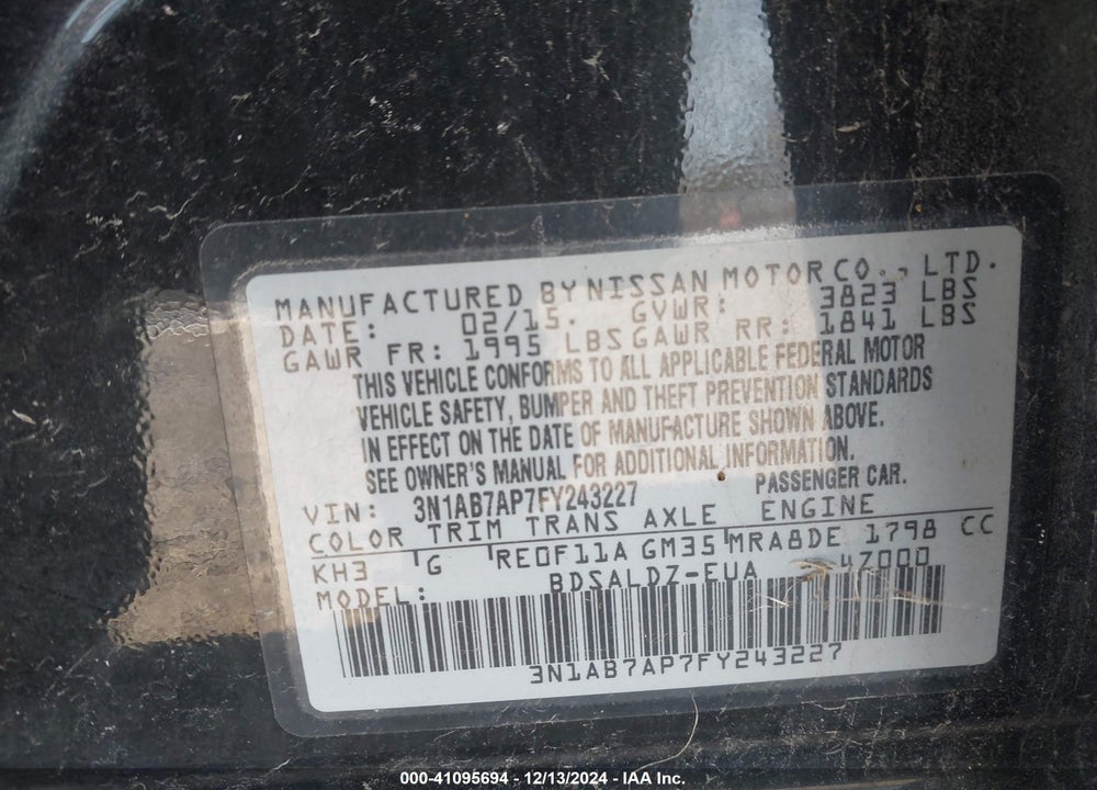 2015 NISSAN SENTRA FE+ S/S/SL/SR/SV VIN: 3N1AB7AP7FY243227