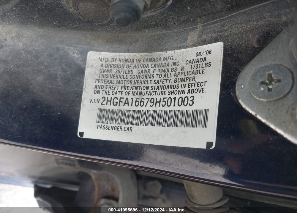 2009 HONDA CIVIC LX-S VIN: 2HGFA16679H501003