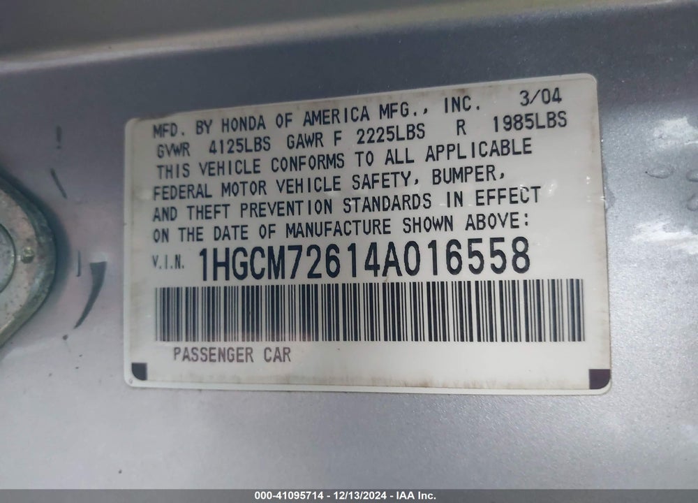 2004 HONDA ACCORD 2.4 EX VIN: 1HGCM72614A016558