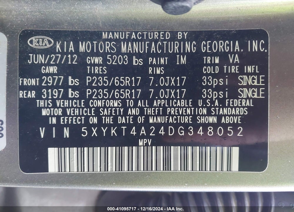 2013 KIA SORENTO LX V6 VIN: 5XYKT4A24DG348052