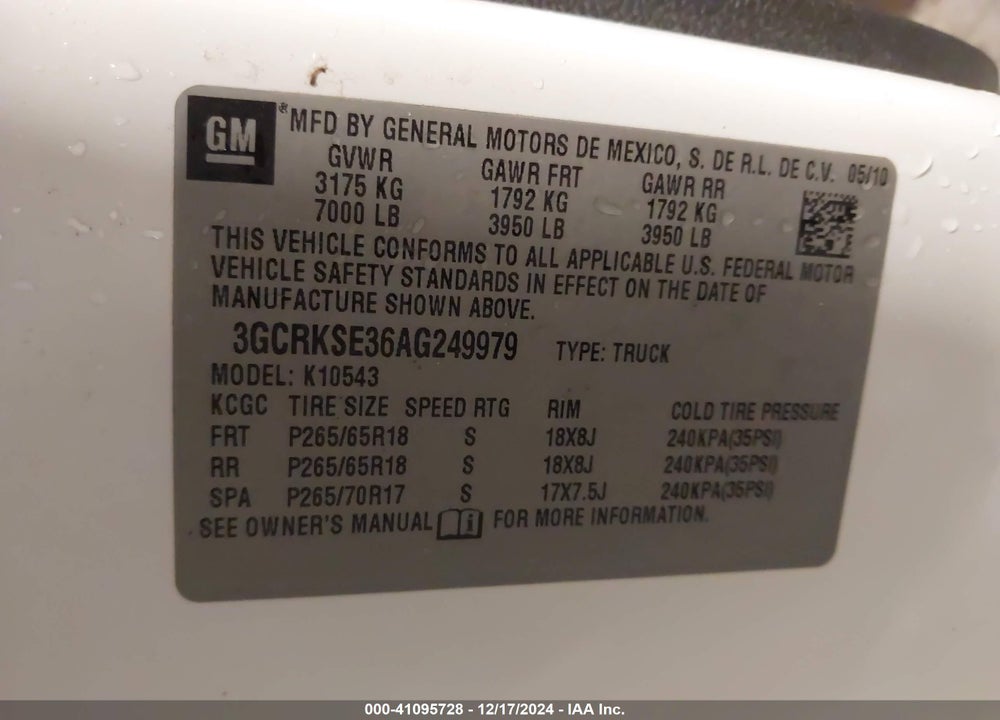 2010 CHEVROLET SILVERADO 1500 LT VIN: 3GCRKSE36AG249979